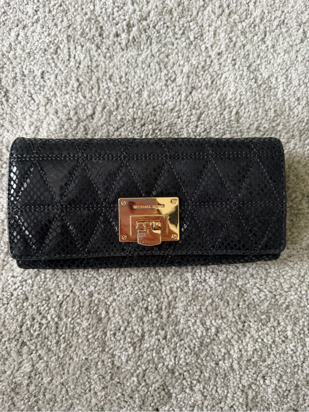 Michael Kors Black Quilted Leather Clutch Wallet with Gold Hardware Plate